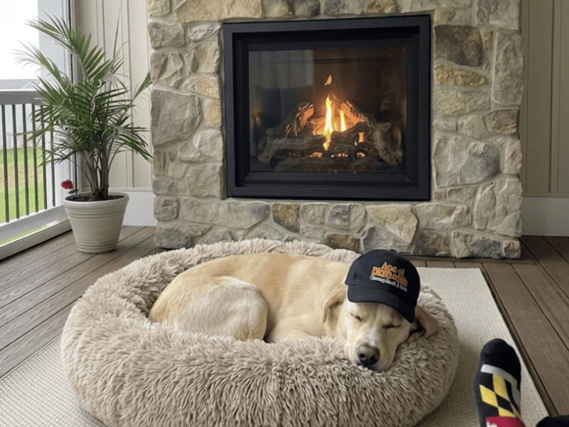 Orbit sleeping next to a fire